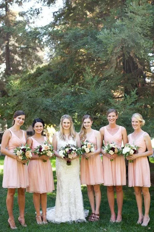 Simple Chiffon Short Pink A-line V-neck Bridesmaid Dresseses, Wedding Party Dress, MB197