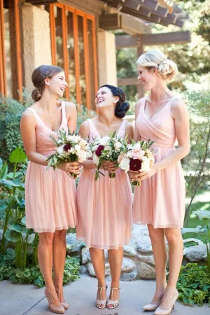Simple Chiffon Short Pink A-line V-neck Bridesmaid Dresseses, Wedding Party Dress, MB197