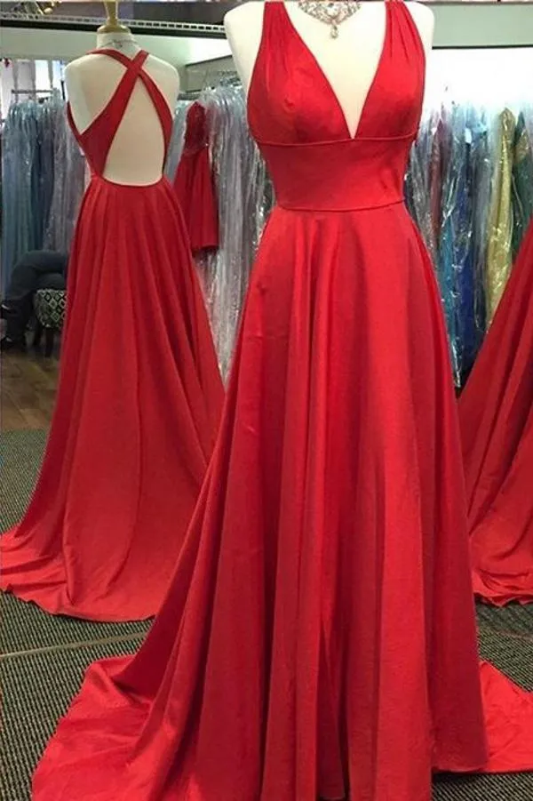 Simple Red A-line V Neckline Side Slit Long Prom Dress with Sweep Train, MP350