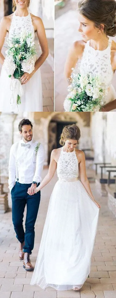 Simple White Halter Lace Long Sheath Beach Wedding Dresses Bridal Dresses, MW241