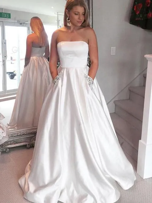 Sky Blue Strapless Off Shoulder Satin A-line Prom Dresses with Rhinestone Beading, MP360