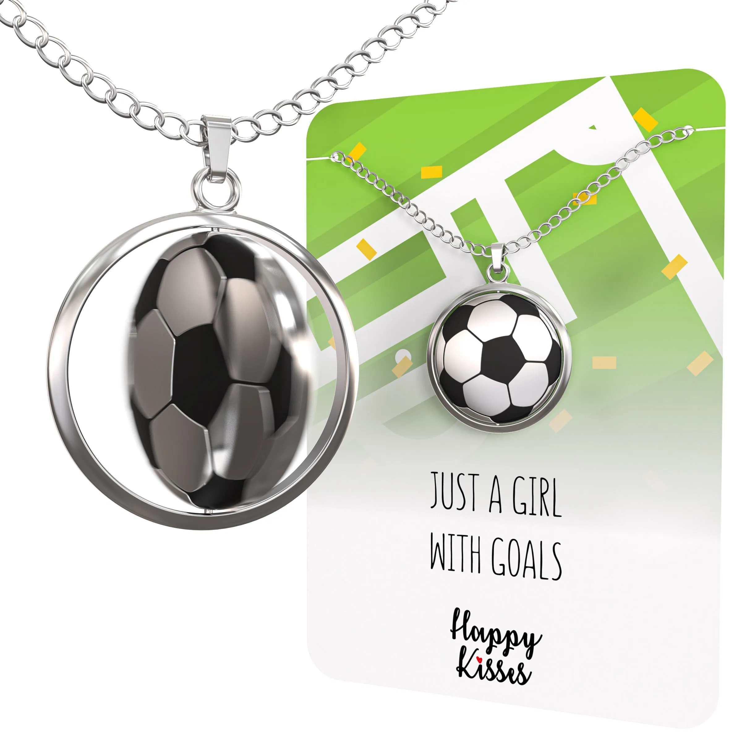 Soccer Ball Spinner Necklace for Soccer-Loving Girls | ⚽ “Just A Girl With Goals” Pendant | Gift for Soccer Moms and Players (IN BOX WITH CARD)