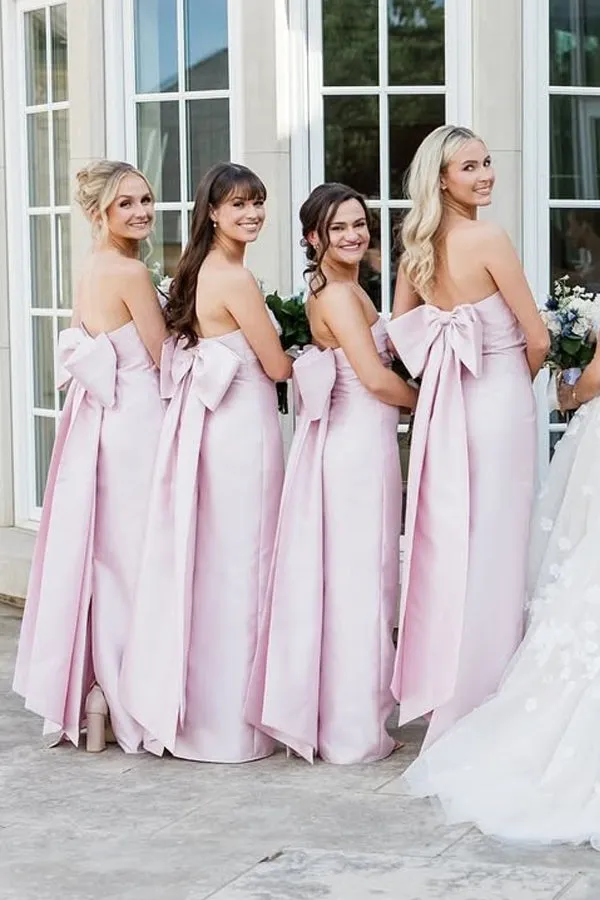 Strapless Satin Pink Long Bridesmaid Dress with Big Bow TY0038