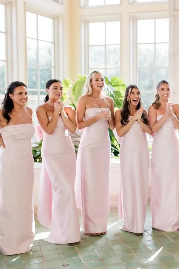 Strapless Satin Pink Long Bridesmaid Dress with Big Bow TY0038
