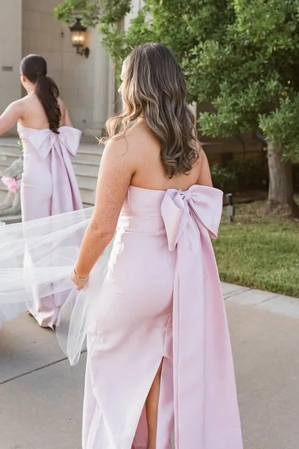 Strapless Satin Pink Long Bridesmaid Dress with Big Bow TY0038