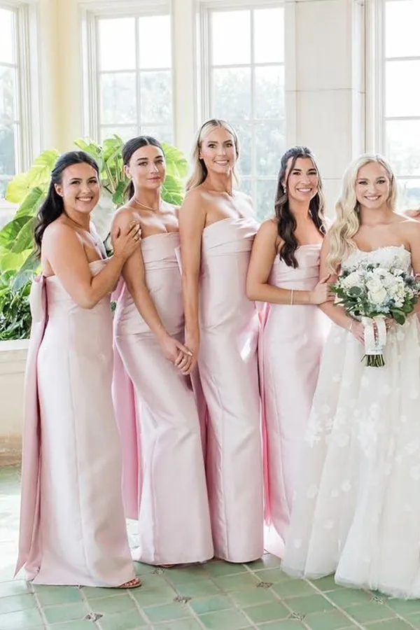 Strapless Satin Pink Long Bridesmaid Dress with Big Bow TY0038