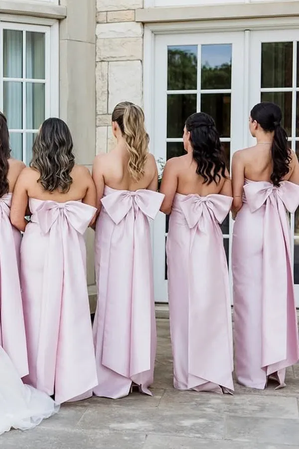 Strapless Satin Pink Long Bridesmaid Dress with Big Bow TY0038