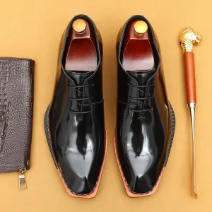 Top Layer Cowhide Men's Leather Shoes Xiaohongshu Same Style Square Toe British Glossy Leather Shoes High-Grade Patent Leather Polished Oxford Men's Shoes23687