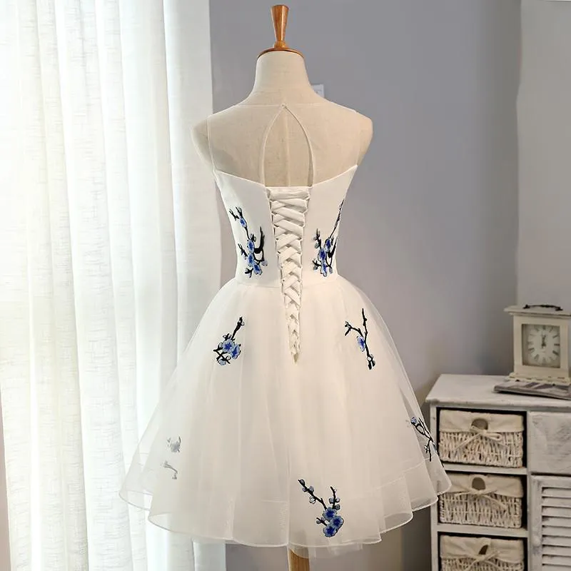 Tulle A-line Embroidery Flowers Cheap Homecoming Dress Short Prom Dresses, MH205
