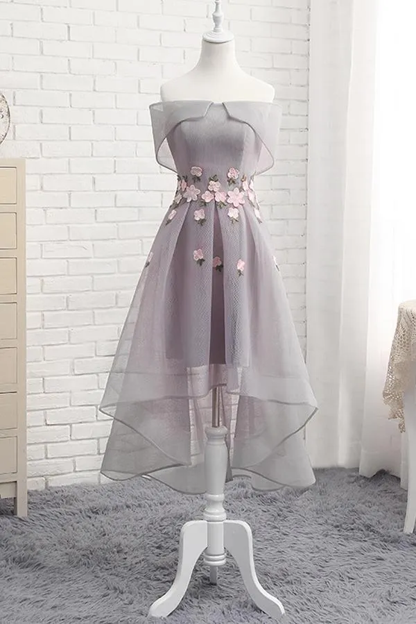 Tulle Off Shoulder High Low A-line Homecoming Dress with Flowers, MH191