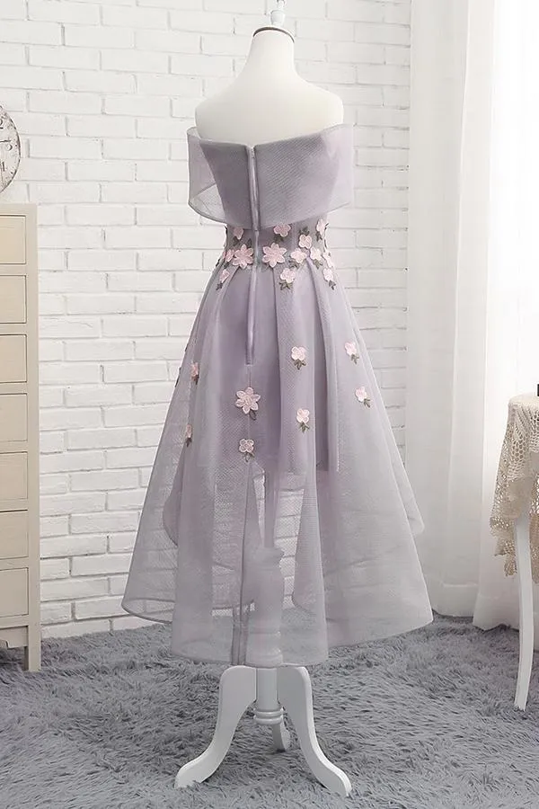 Tulle Off Shoulder High Low A-line Homecoming Dress with Flowers, MH191