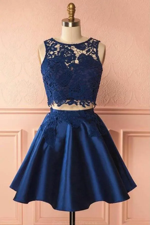 Two Piece Lace Navy Blue Cheap Short Prom Dress Homecoming Dresses, MH261