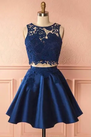 Two Piece Lace Navy Blue Cheap Short Prom Dress Homecoming Dresses, MH261