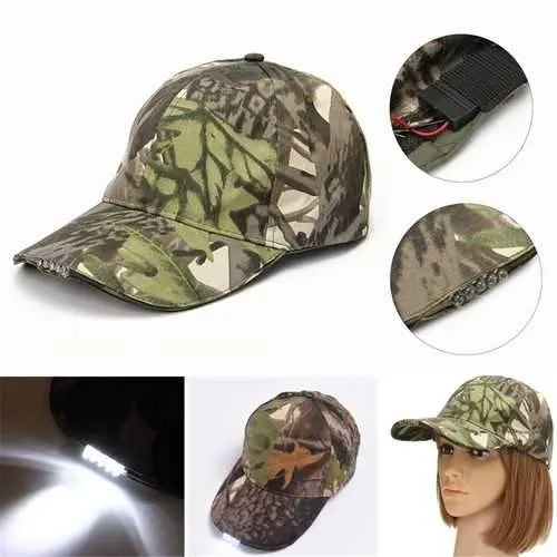 Unisex Sports LED Hat with 5LED Torch for Fishing Walking Running Camo Baseball Cap