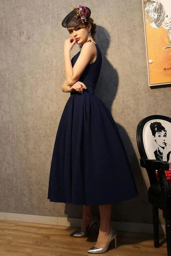Vintage V Neck Nave Blue Satin Homecoming Dresses Party Dresses  PG183