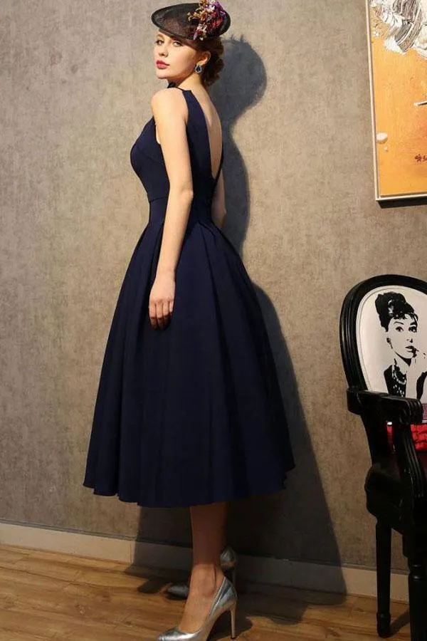 Vintage V Neck Nave Blue Satin Homecoming Dresses Party Dresses  PG183