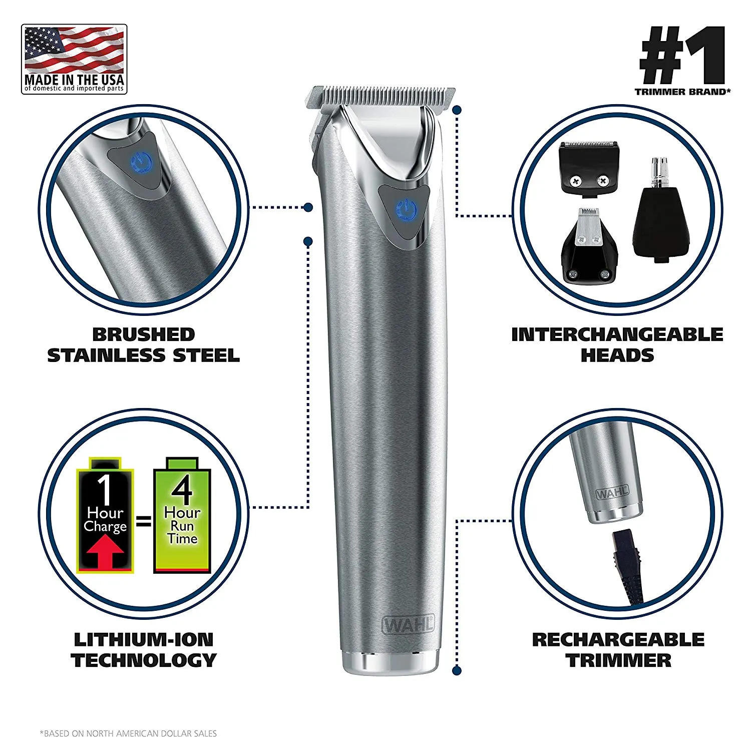 Wahl Stainless Steel Lithium Ion  Beard Trimmer for Men, Hair Clippers, Shavers, Nose Ear Trimmers, Rechargeable All in One Men's Grooming Kit - Model 9818