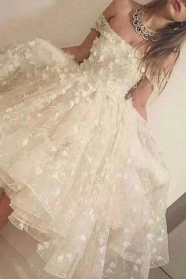 White A-line Ruffles Off-the-shoulder Homecoming Dresses, Short Prom Dress, MH313