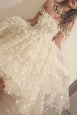 White A-line Ruffles Off-the-shoulder Homecoming Dresses, Short Prom Dress, MH313