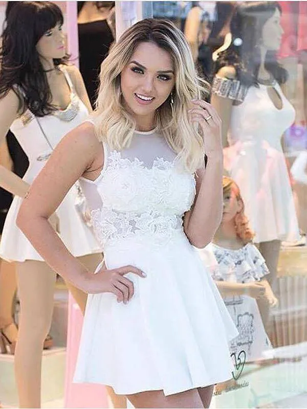 White A-line Sheer Back Homecoming Dress, Party Dresses with Appliques, MH425