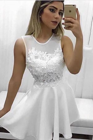 White A-line Sheer Back Homecoming Dress, Party Dresses with Appliques, MH425