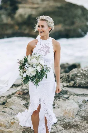 White Halter Lace Sweep Train Beach Wedding Dresses, Appliques Wedding Gown, MW161