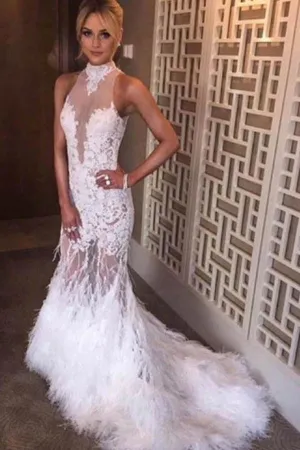 White Halter Mermaid Lace Sweep Train Prom Dresses With Feather, MP416
