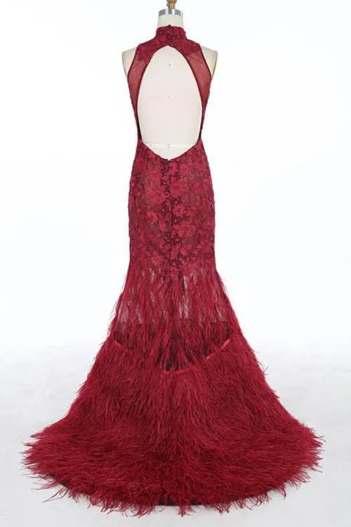 White Halter Mermaid Lace Sweep Train Prom Dresses With Feather, MP416
