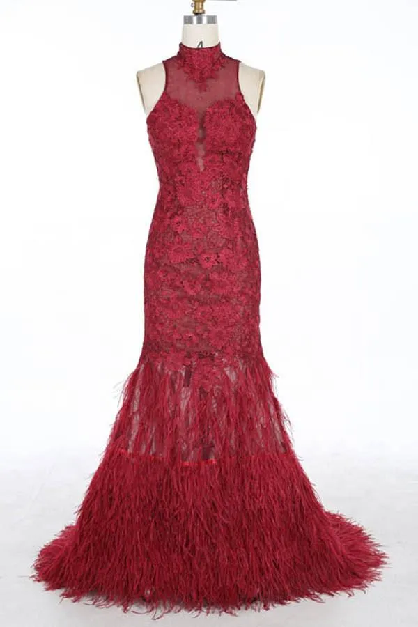 White Halter Mermaid Lace Sweep Train Prom Dresses With Feather, MP416