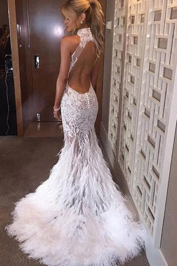 White Halter Mermaid Lace Sweep Train Prom Dresses With Feather, MP416