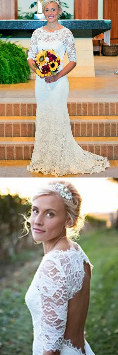 White Mermaid Lace Round Neck Open Back Half Sleeves Wedding Dresses, MW211
