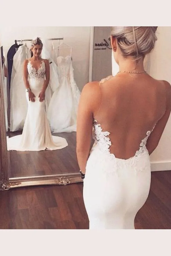 White Open Back Spaghetti Straps Trumpet Sweep Train Wedding Dresses, MW225
