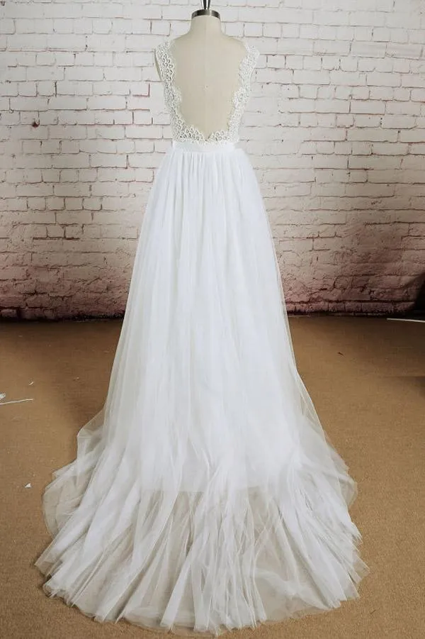 White Tulle Lace Halter V-Neck Long Wedding Dresses with Sweep Train, MW232