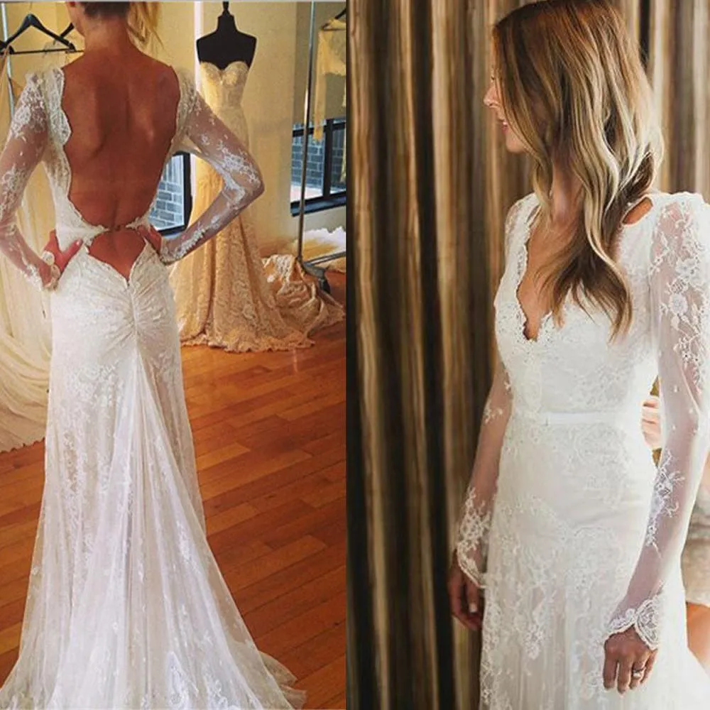 White Tulle Lace Open Back V-neck Mermaid Long Sleeve Wedding Dresses, MW177