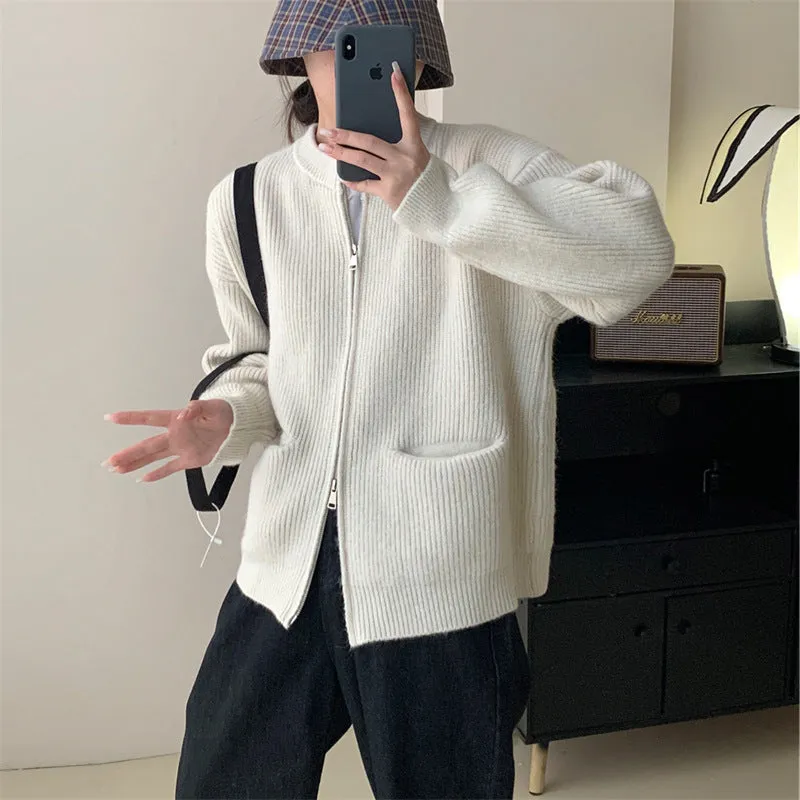 XIEYINSHE Double zipper crew neck knitted cardigan autumn and winter new lazy style advanced sense vertical pit strip retro loose sweater jacket