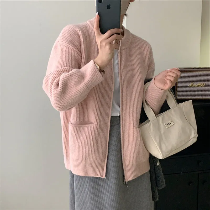 XIEYINSHE Double zipper crew neck knitted cardigan autumn and winter new lazy style advanced sense vertical pit strip retro loose sweater jacket