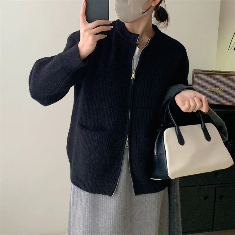 XIEYINSHE Double zipper crew neck knitted cardigan autumn and winter new lazy style advanced sense vertical pit strip retro loose sweater jacket