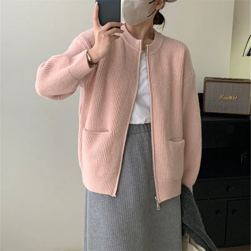 XIEYINSHE Double zipper crew neck knitted cardigan autumn and winter new lazy style advanced sense vertical pit strip retro loose sweater jacket