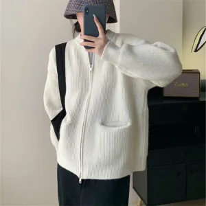 XIEYINSHE Double zipper crew neck knitted cardigan autumn and winter new lazy style advanced sense vertical pit strip retro loose sweater jacket