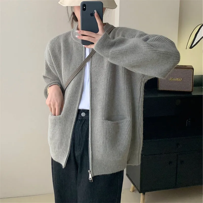 XIEYINSHE Double zipper crew neck knitted cardigan autumn and winter new lazy style advanced sense vertical pit strip retro loose sweater jacket