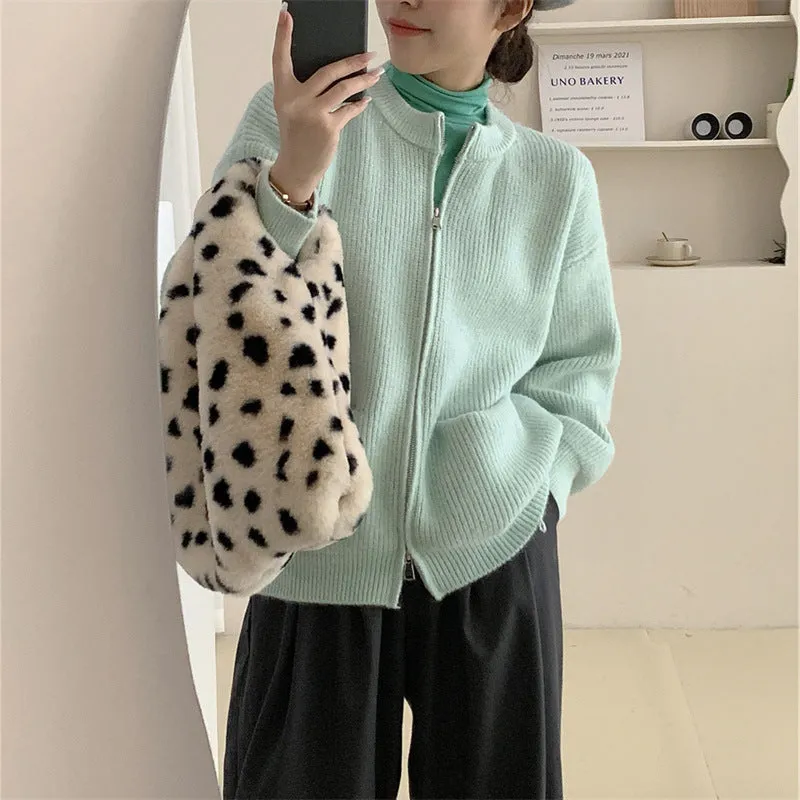 XIEYINSHE Double zipper crew neck knitted cardigan autumn and winter new lazy style advanced sense vertical pit strip retro loose sweater jacket