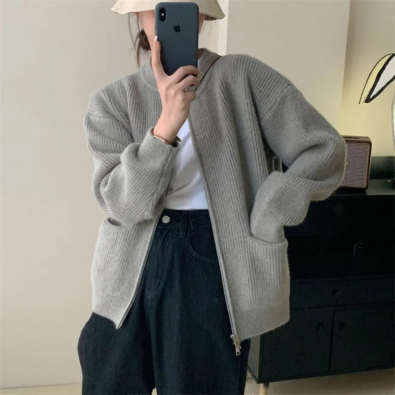 XIEYINSHE Double zipper crew neck knitted cardigan autumn and winter new lazy style advanced sense vertical pit strip retro loose sweater jacket