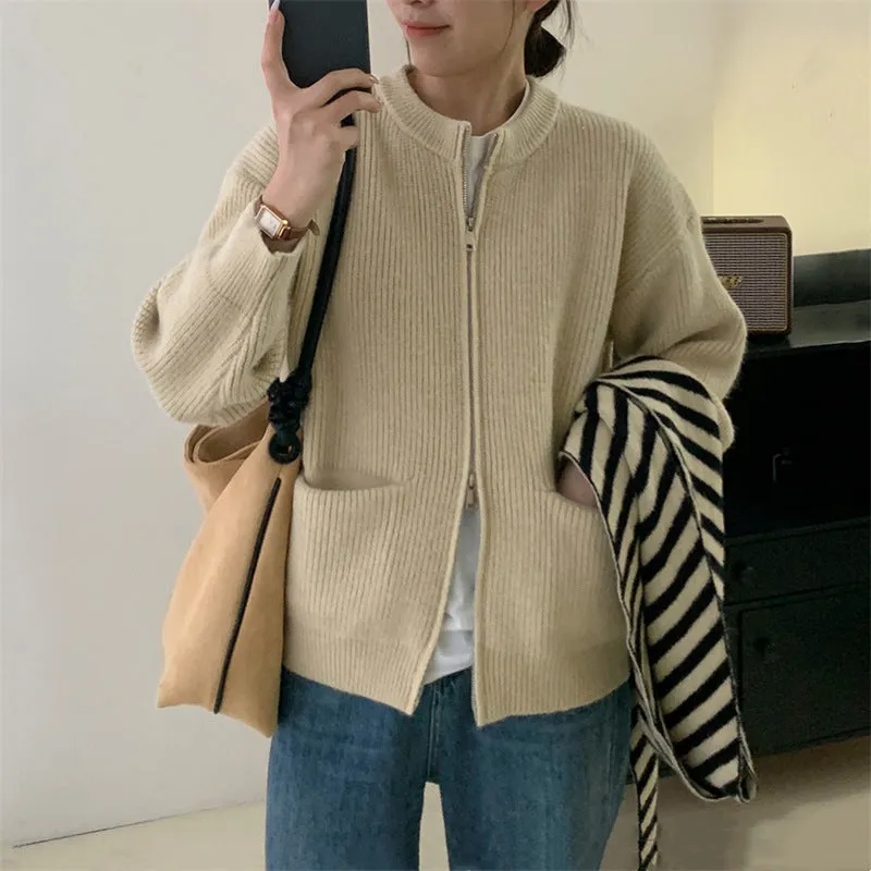 XIEYINSHE Double zipper crew neck knitted cardigan autumn and winter new lazy style advanced sense vertical pit strip retro loose sweater jacket