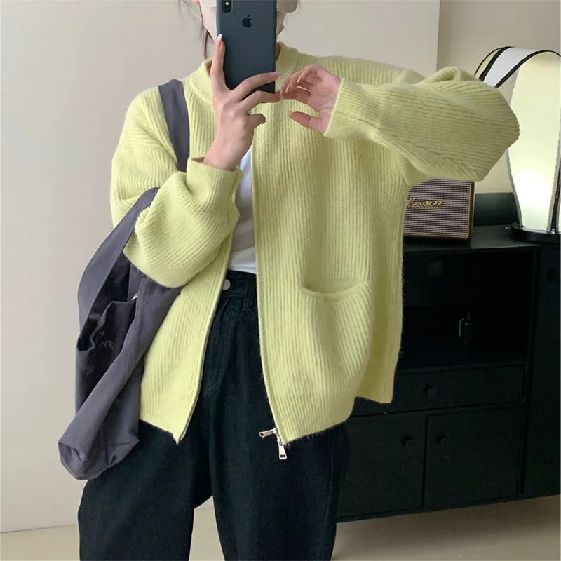 XIEYINSHE Double zipper crew neck knitted cardigan autumn and winter new lazy style advanced sense vertical pit strip retro loose sweater jacket