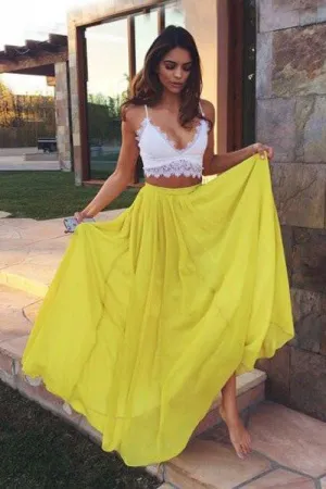 Yellow Chiffon Two Piece Sweetheart Lace Long Prom Dresses Evening Dresses, MP001