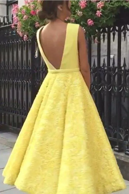 Yellow Deep V-neck Tea Length Homecoming Dress, Lace Short Prom Dresses, MH193