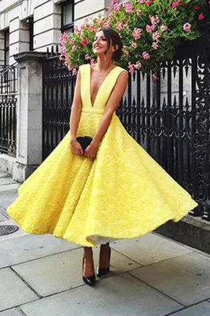 Yellow Deep V-neck Tea Length Homecoming Dress, Lace Short Prom Dresses, MH193