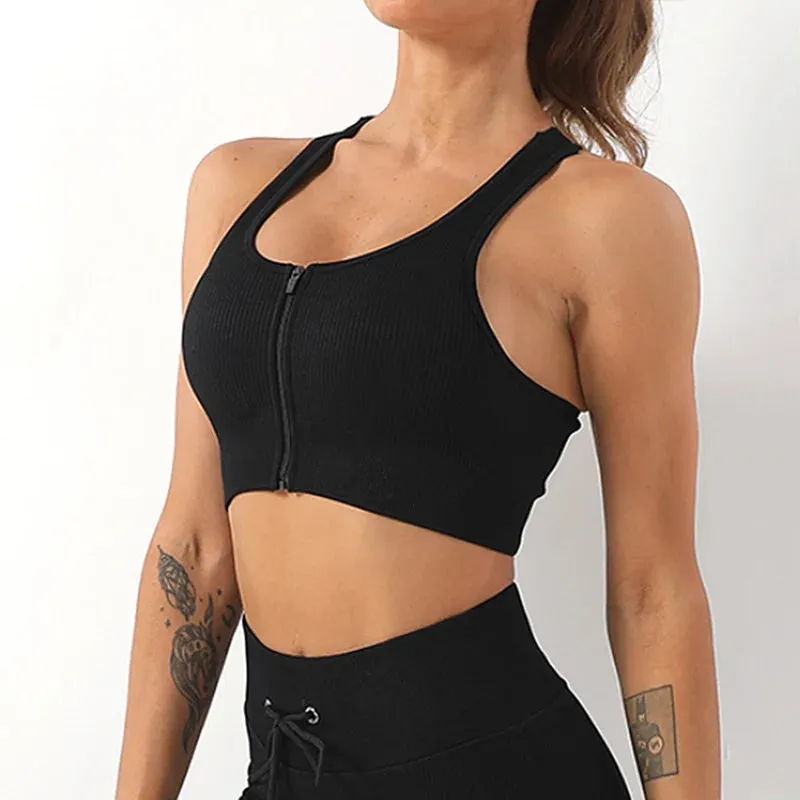 Zipper Seamless High Support Sports Bra for Women - Fitness Crop Top